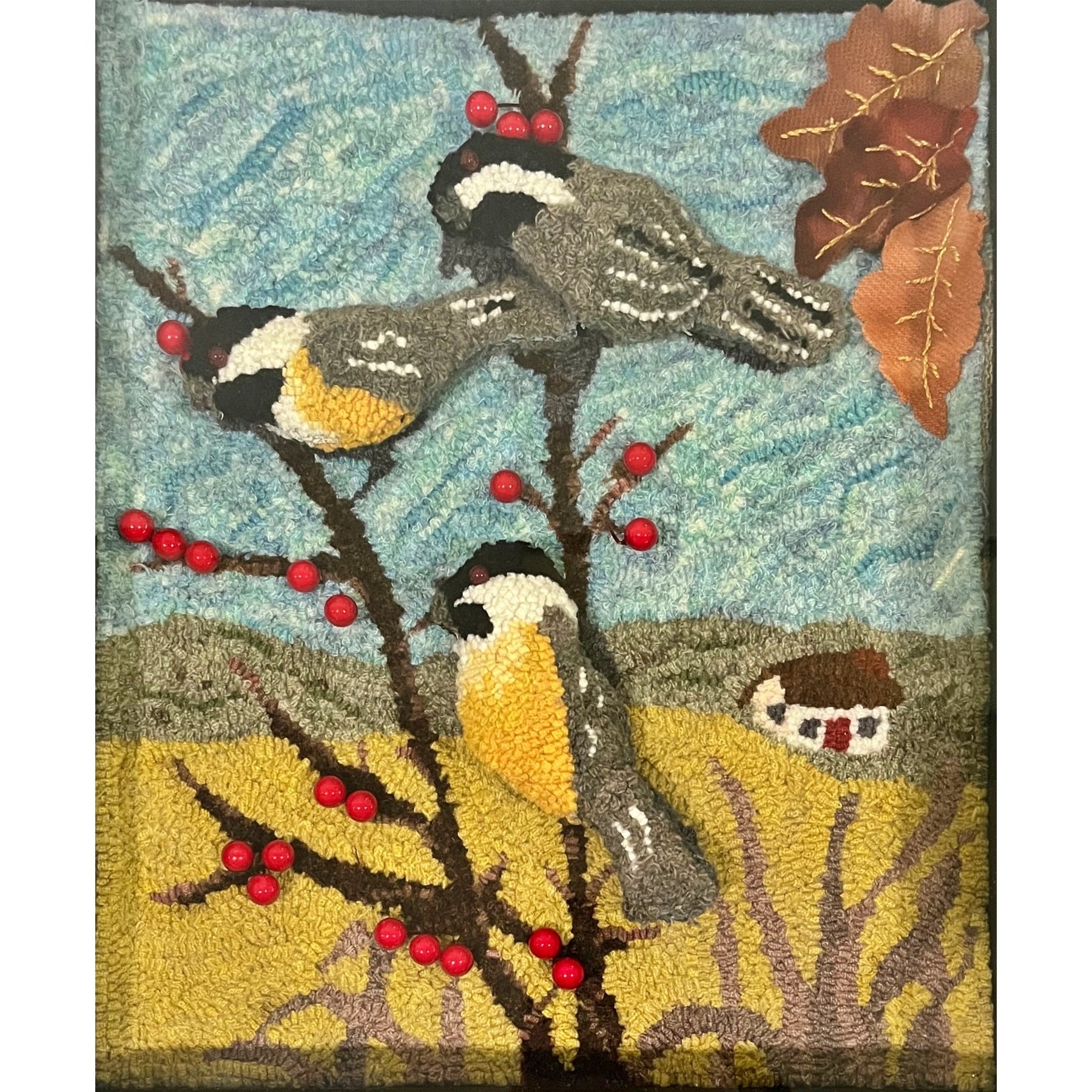 Chickadees, rug hooked by Rita Wagner