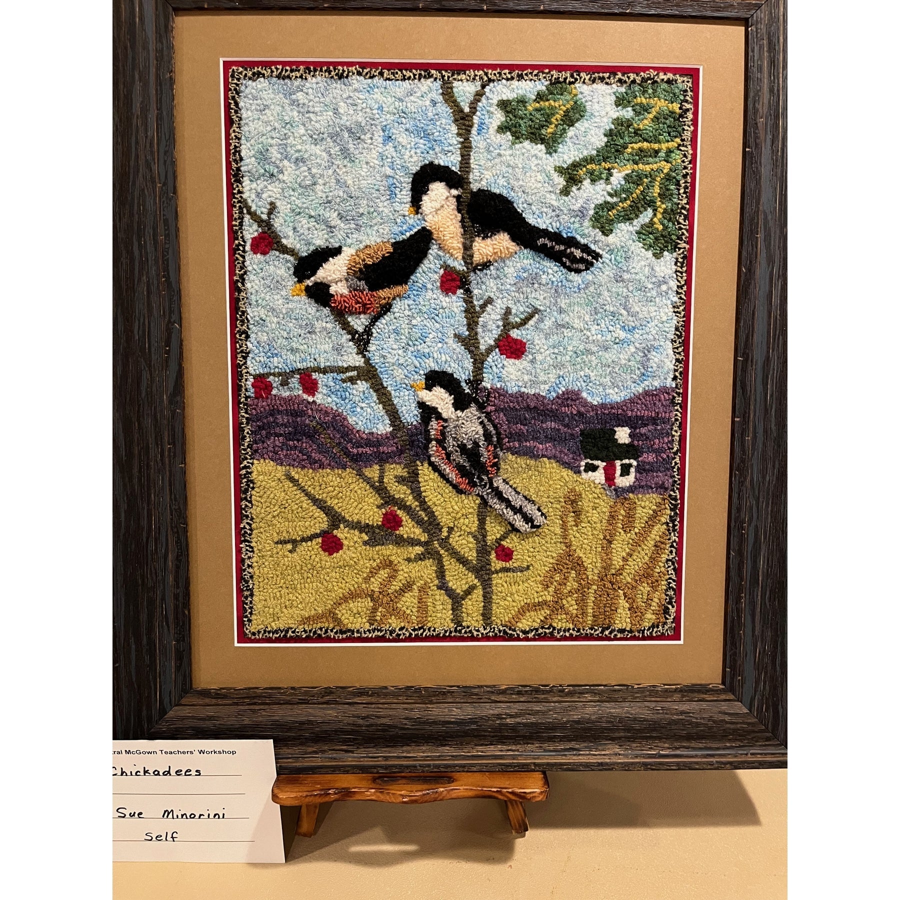 Chickadees, rug hooked by Sue Minorini