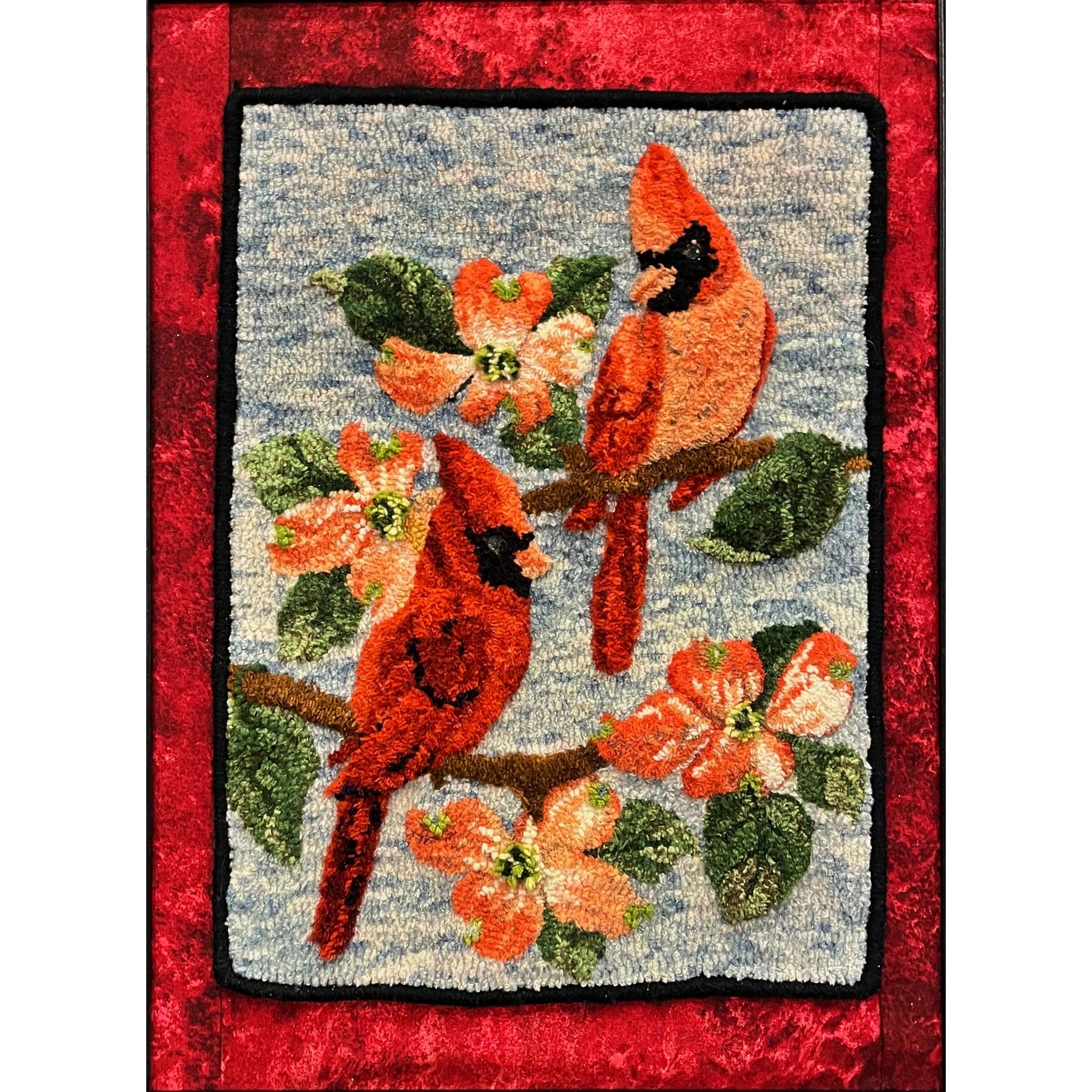 Cardinal-Dogwood, rug hooked by Judy Kielczewski
