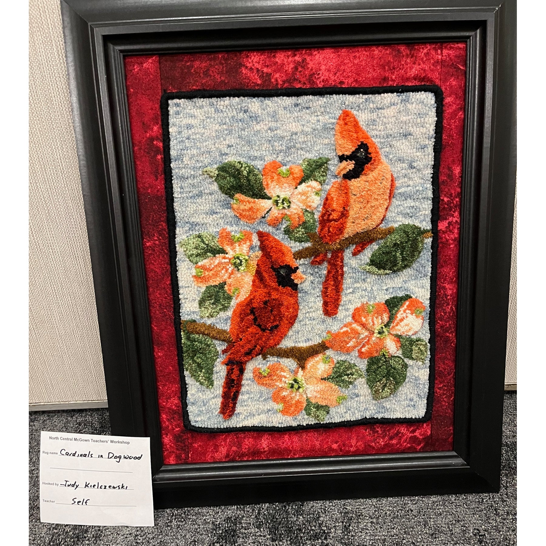 Cardinal-Dogwood, rug hooked by Judy Kielczewski