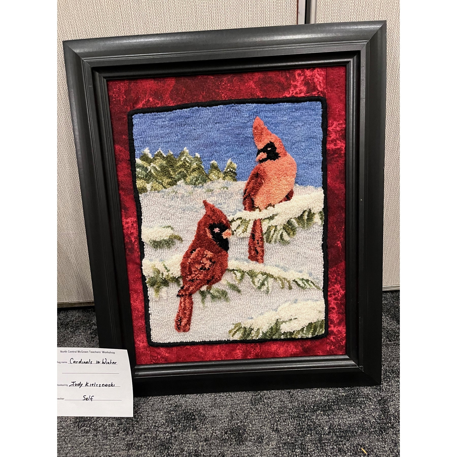 Winter Cardinal, rug hooked by Judy Kielczewski