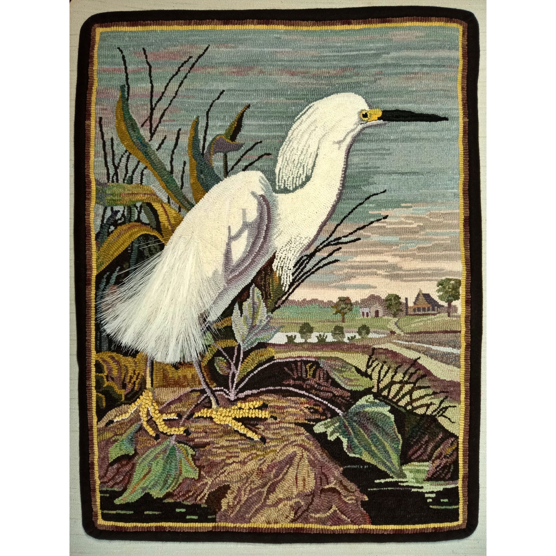 Snowy Egret, rug hooked by Helen Mar Parkin