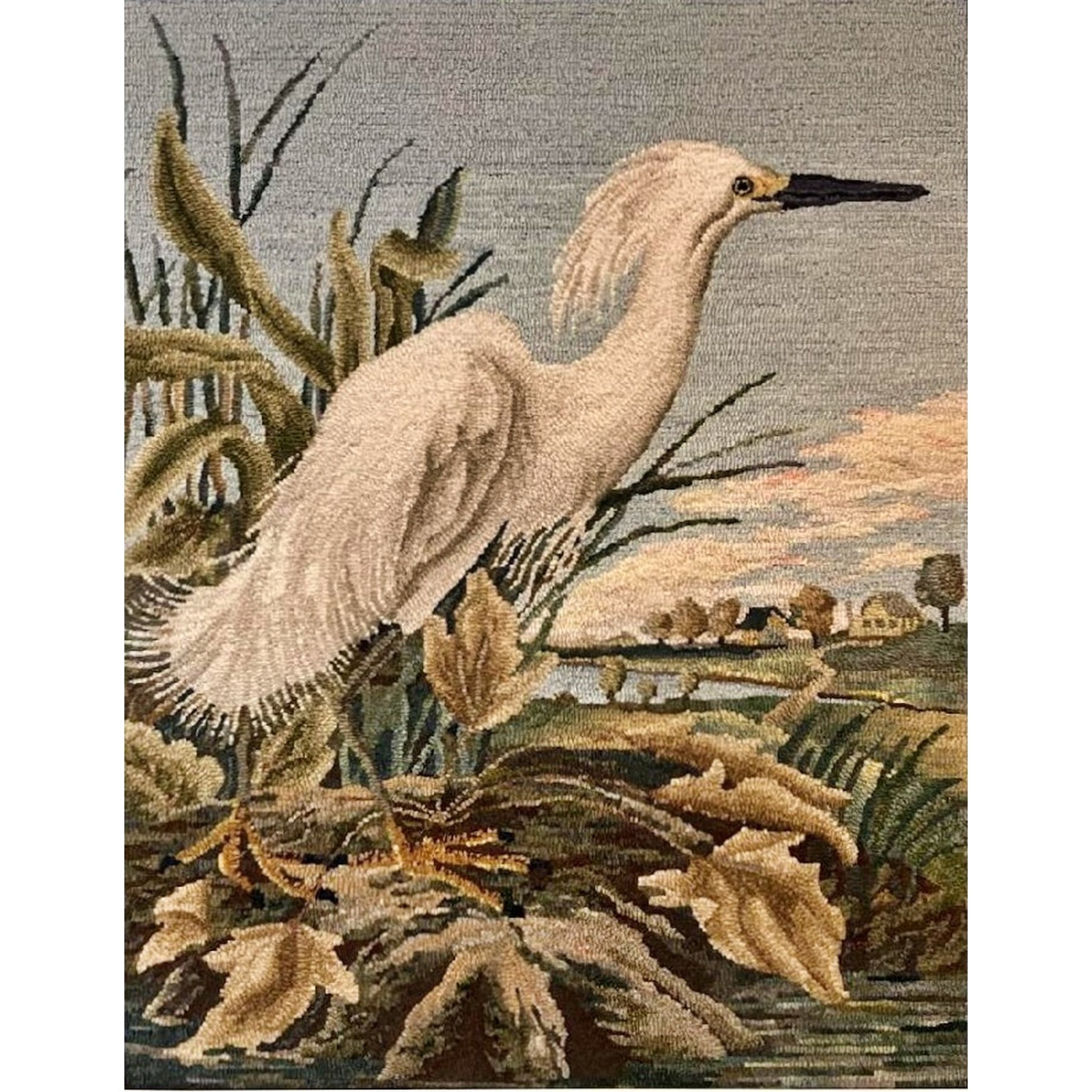 Snowy Egret, rug hooked by Jane McGown Flynn