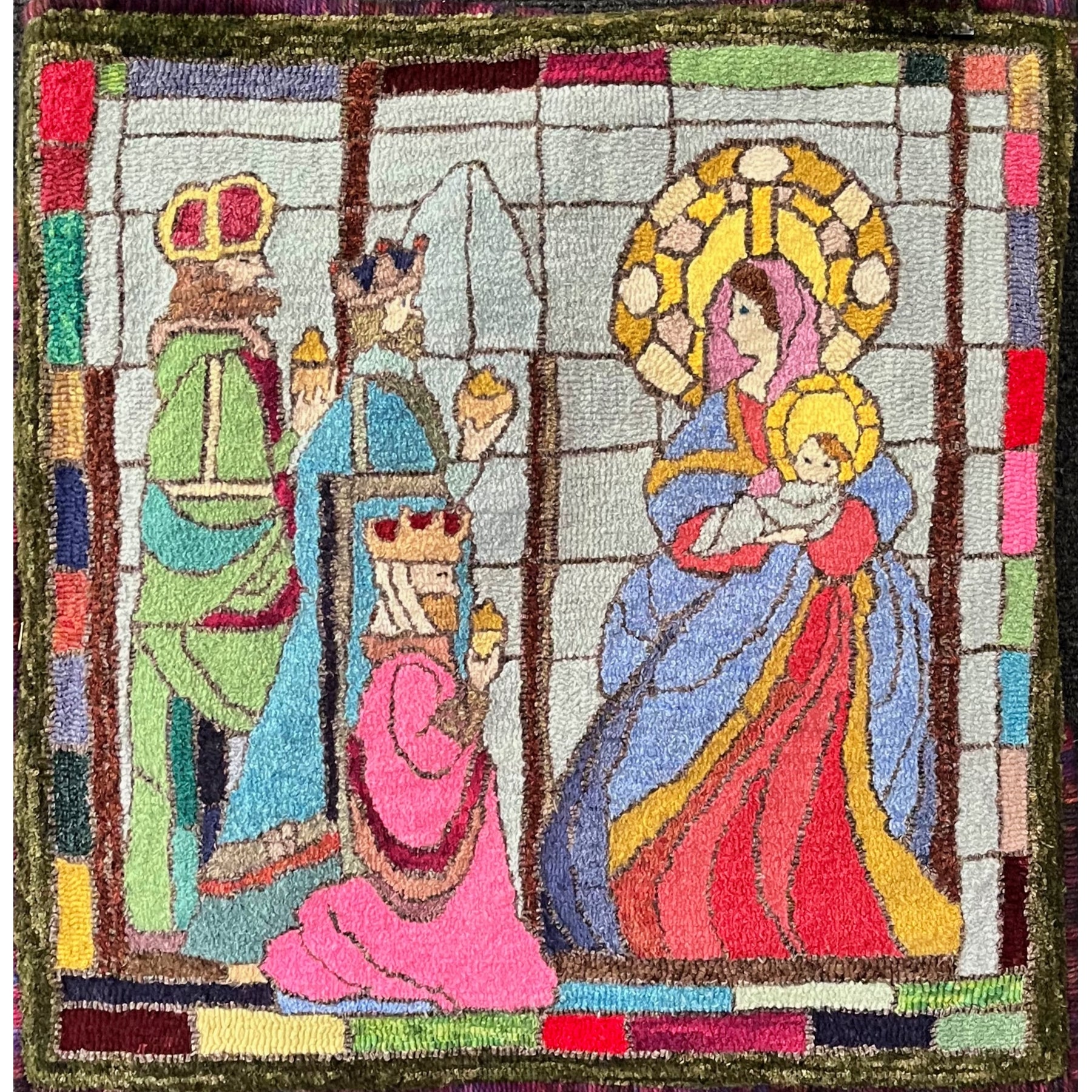 Stained Glass Nativity, rug hooked by Yoshiko Sano