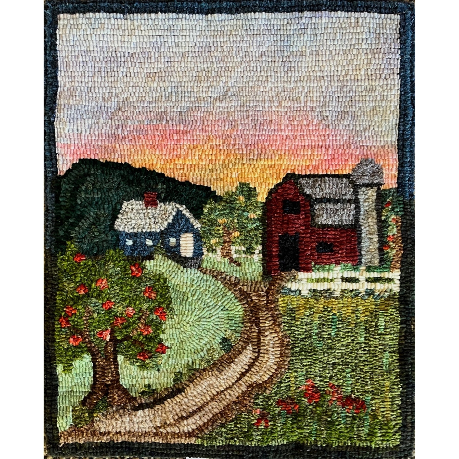 Sunrise on the Farm, rug hooked by Cheryl Perilloux