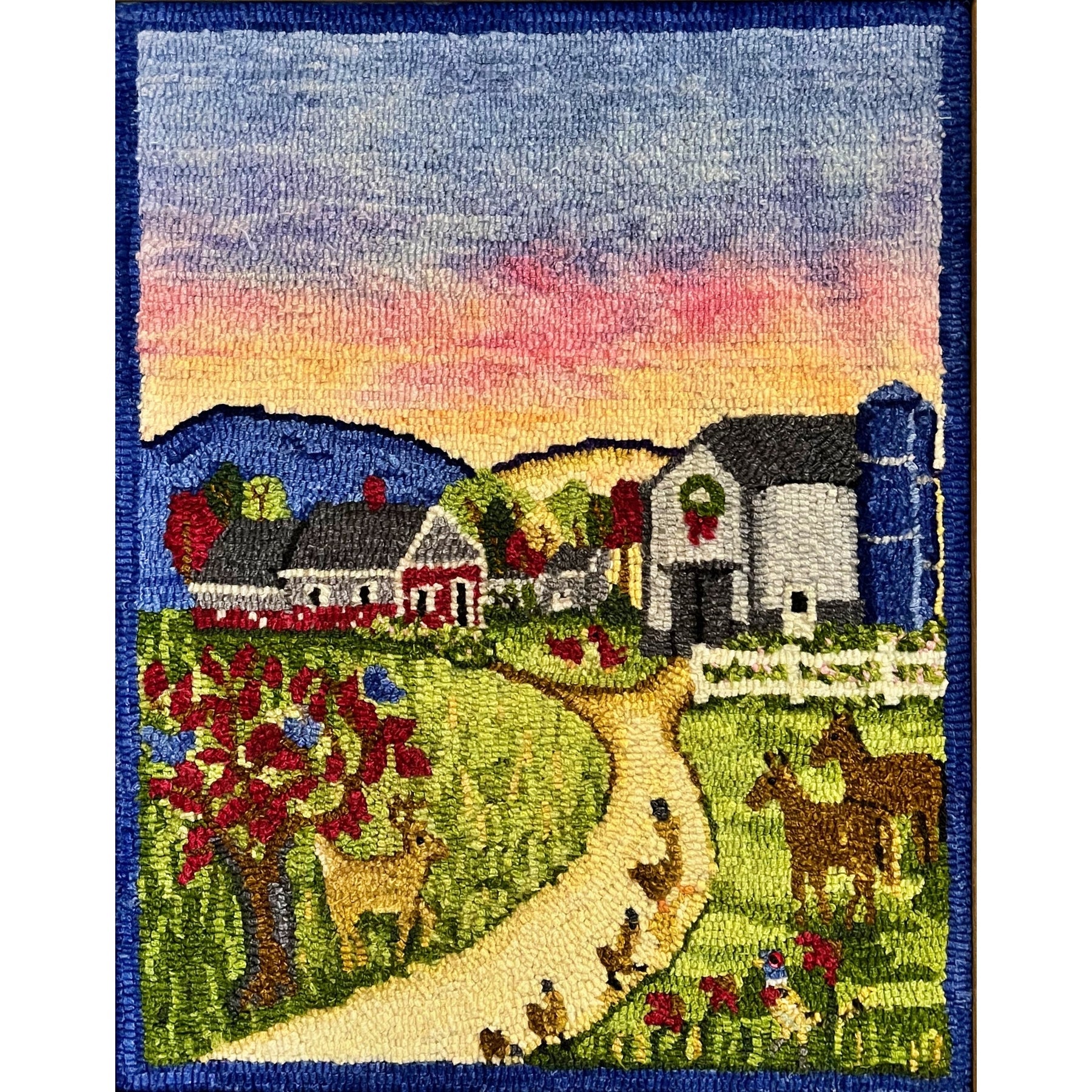 Sunrise on the Farm, rug hooked by Libbey Lundgren