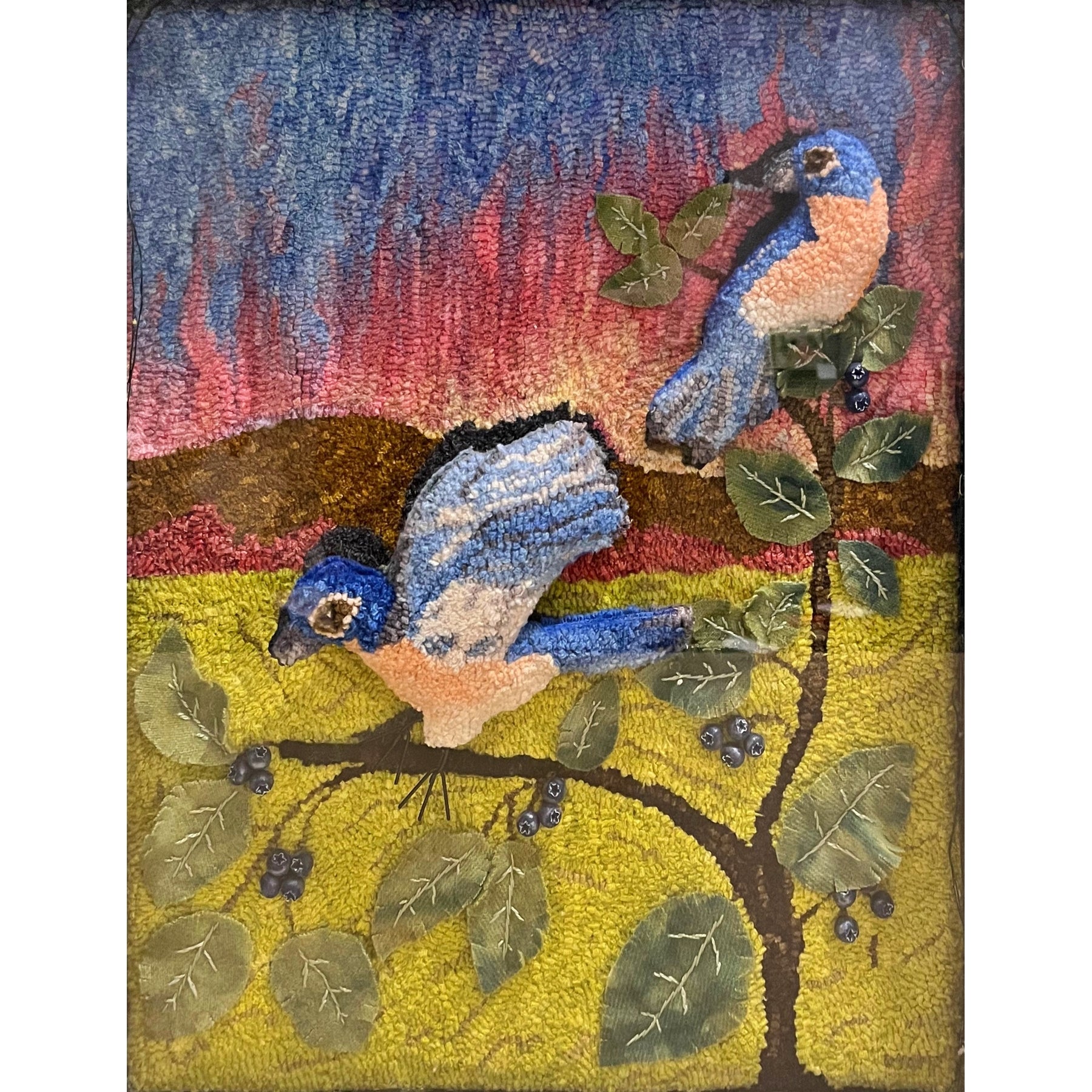 Bluebirds, rug hooked by Rita Wagner