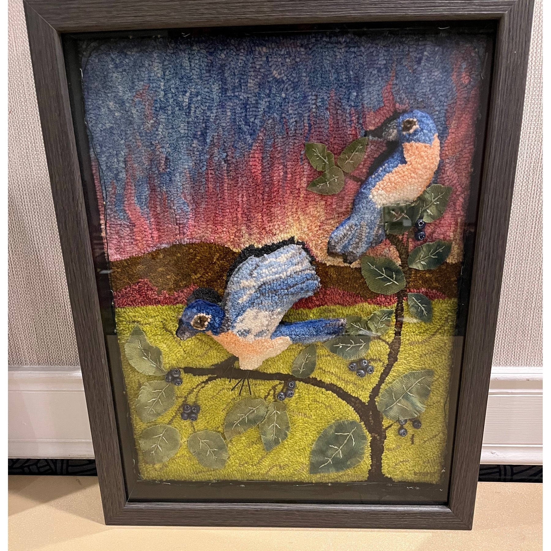 Bluebirds, rug hooked by Rita Wagner