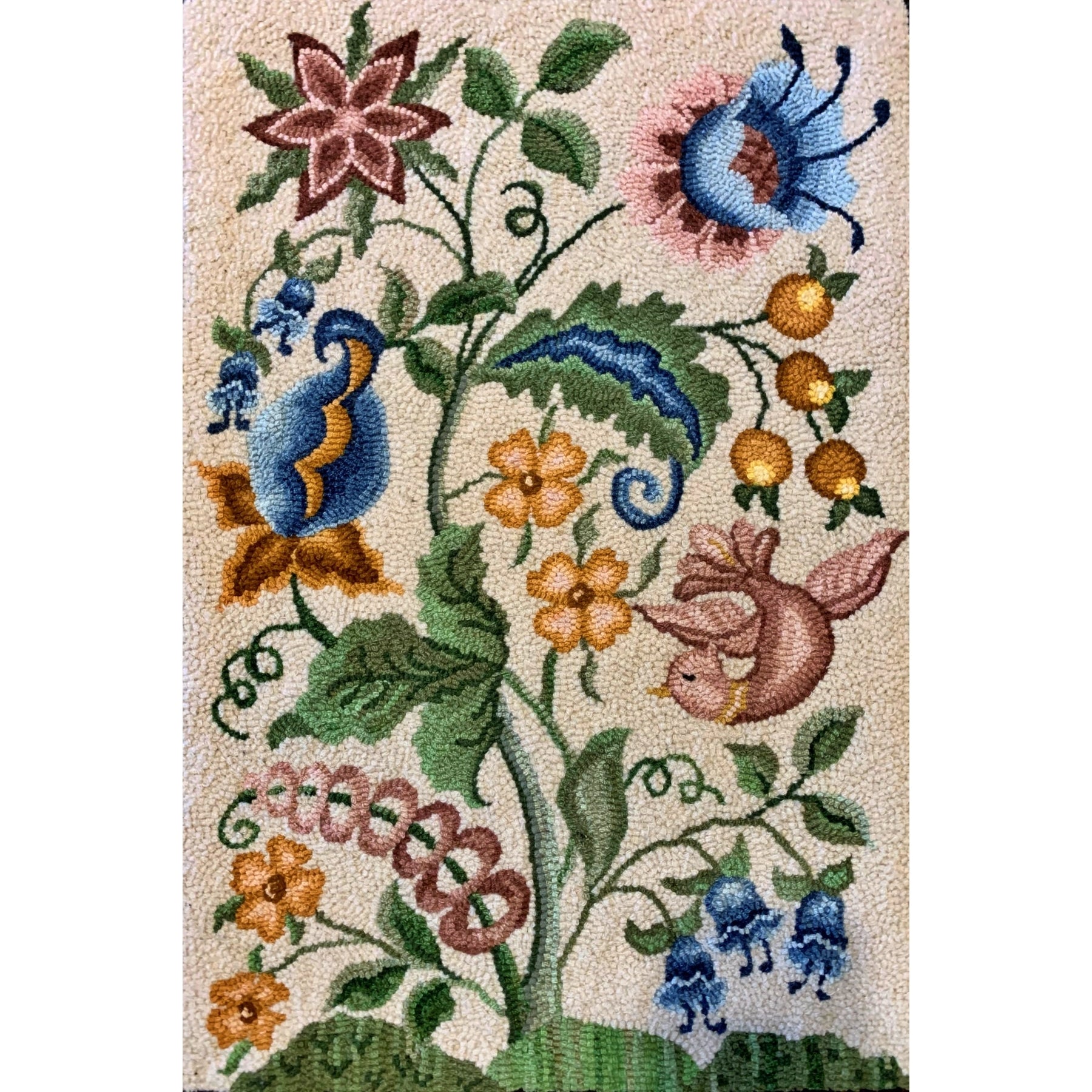 Jacobean Crewel, rug hooked by Hannah Vick