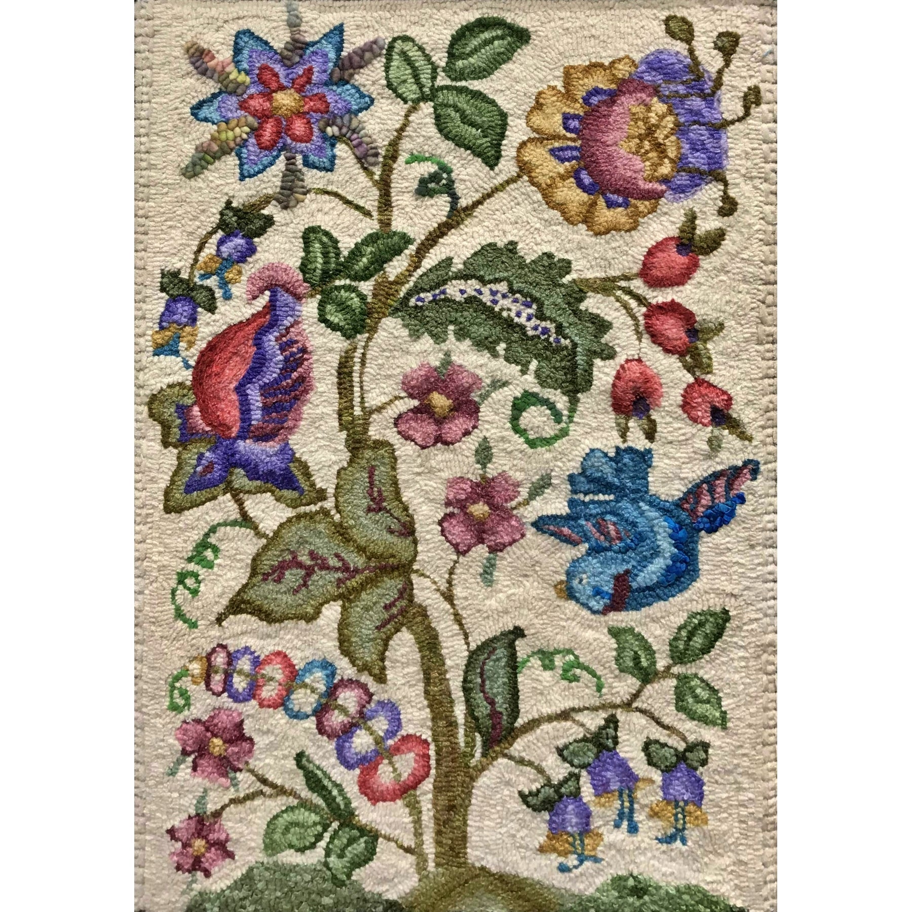 Jacobean Crewel, rug hooked by Mary Condra