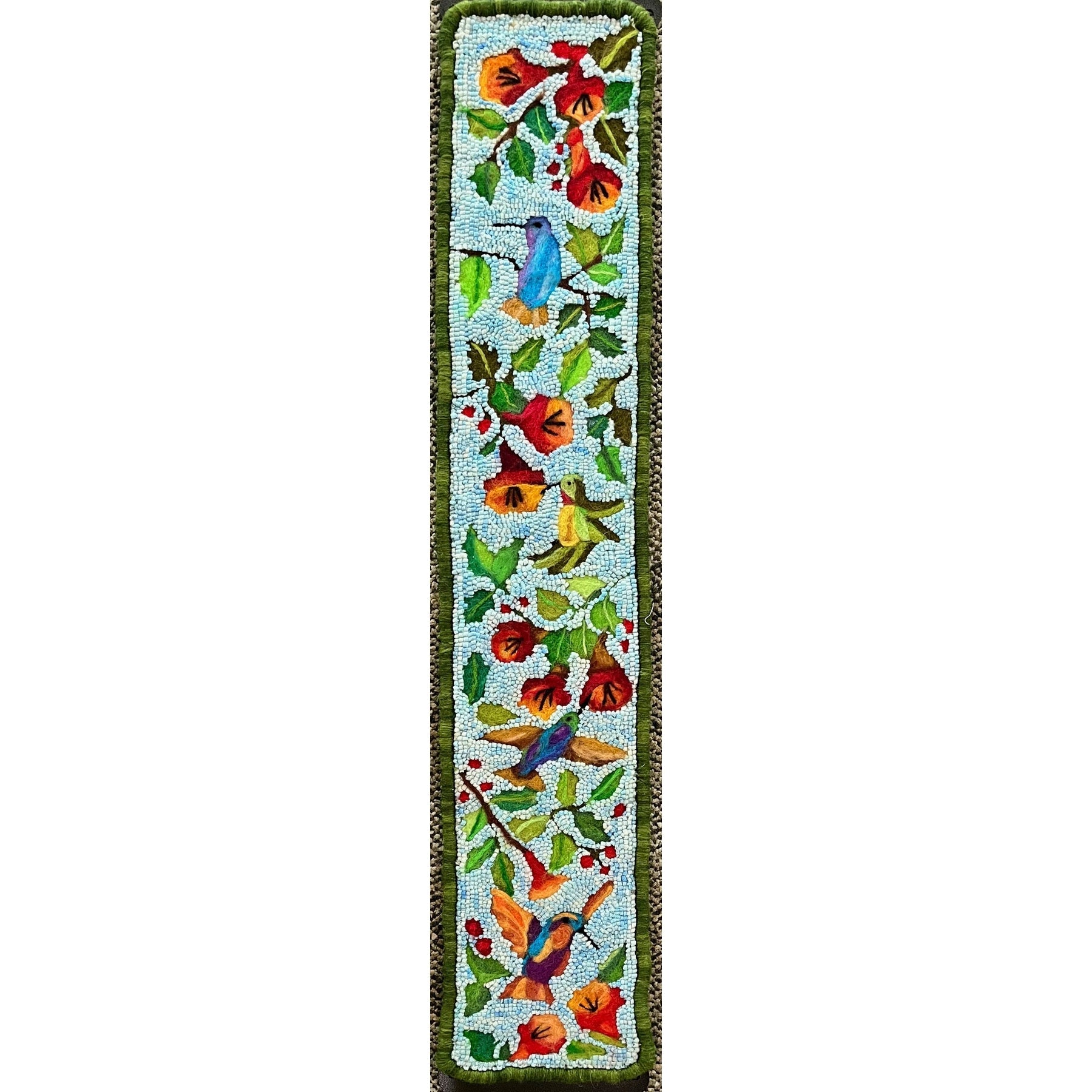 Hummingbird Bell Pull, rug hooked by Kim Meyer