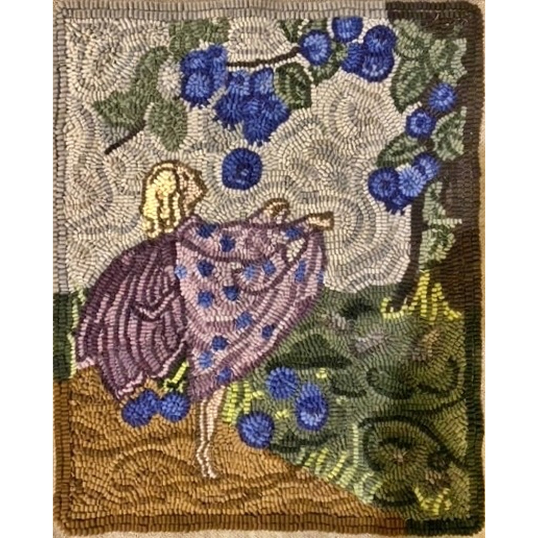 Blueberry Fairy, rug hooked by Charlene Frehlick