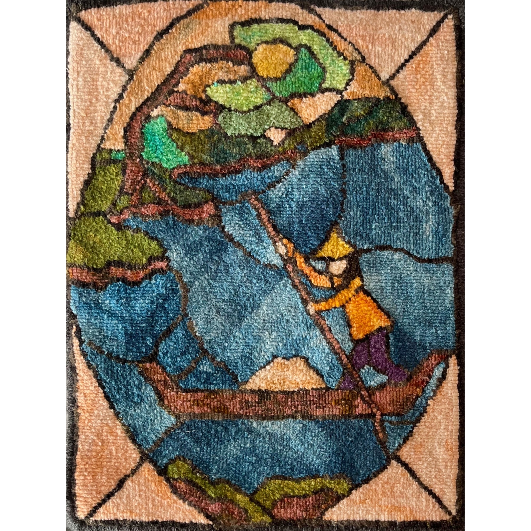 Stained Glass Boatman, rug hooked by Heather Parker