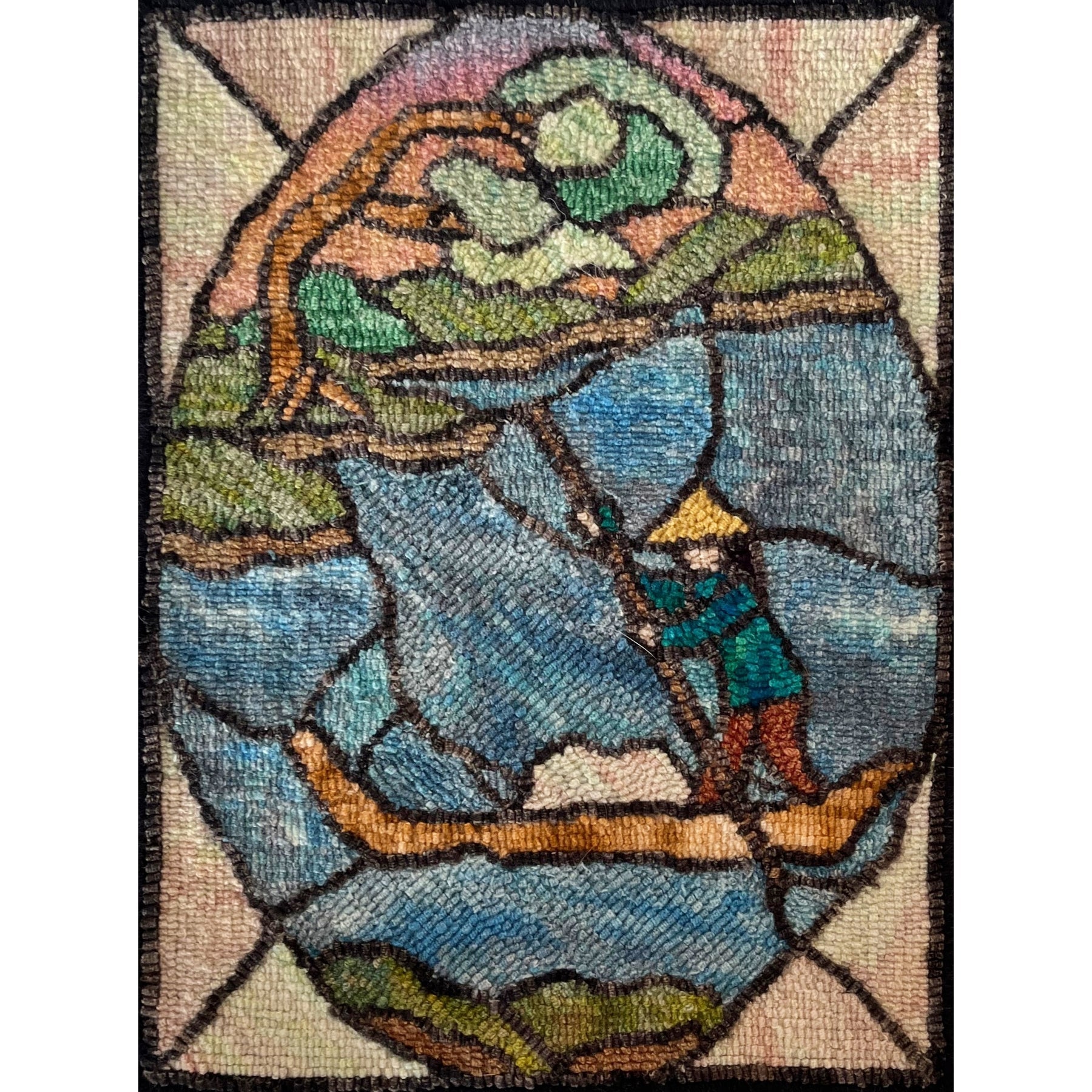Stained Glass Boatman, rug hooked by Liz Marino