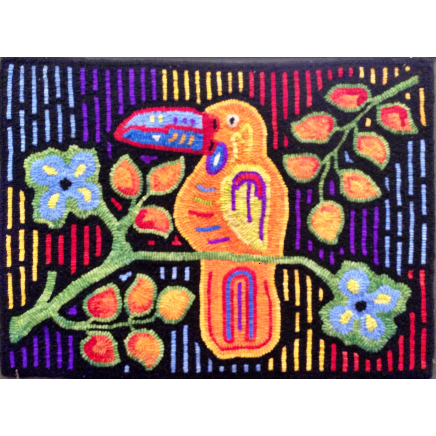 Toucan Mola, rug hooked by Beth Stiel