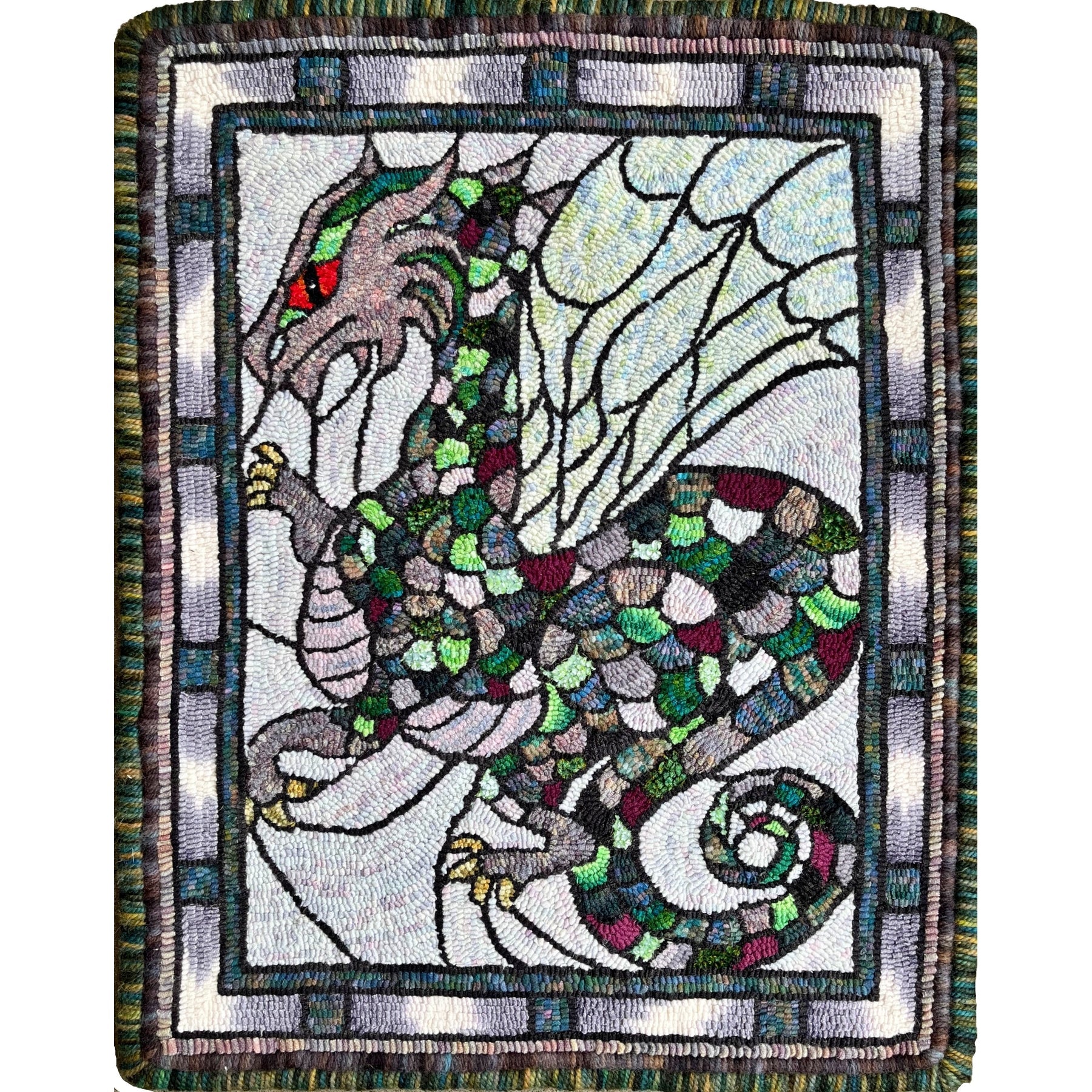 Stained Glass Dragon, rug hooked by Jenifer Rudolph