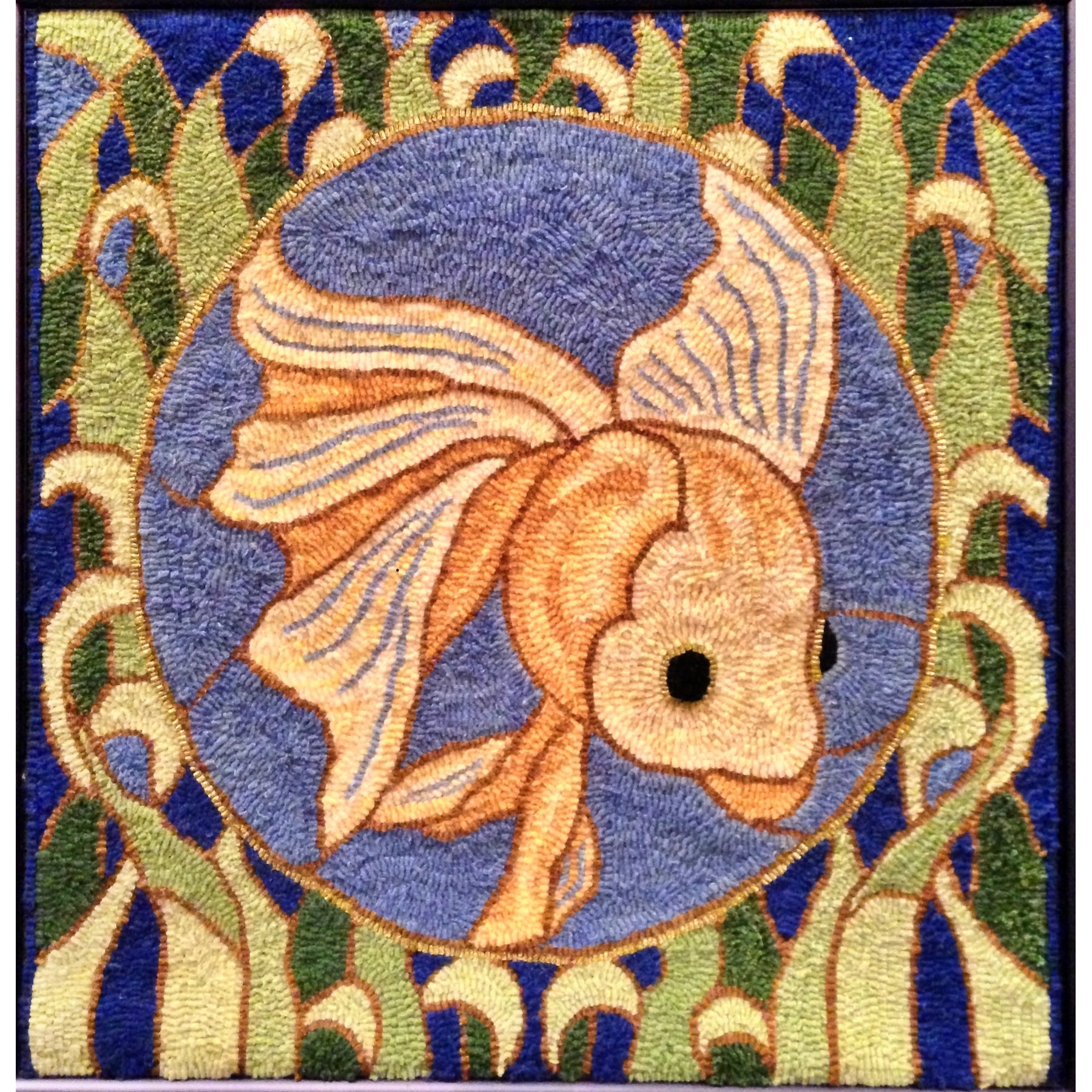 Stained Glass Fish, rug hooked by Marie Bresch