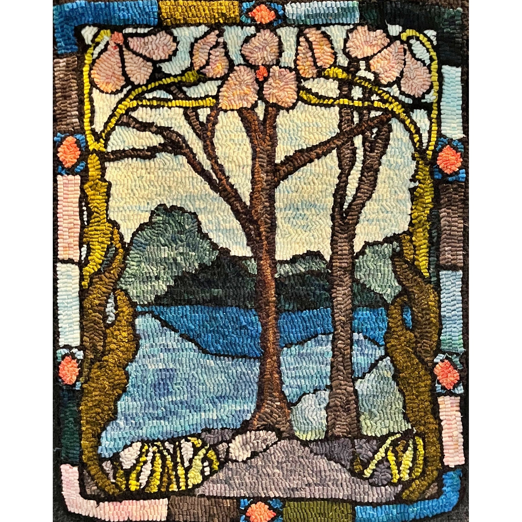 Stained Glass Landscape, rug hooked by Judith Hotchkiss