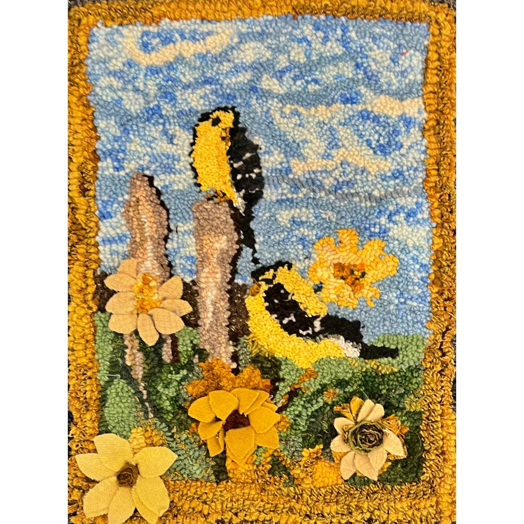 Finches, rug hooked by Sherrie Petersen