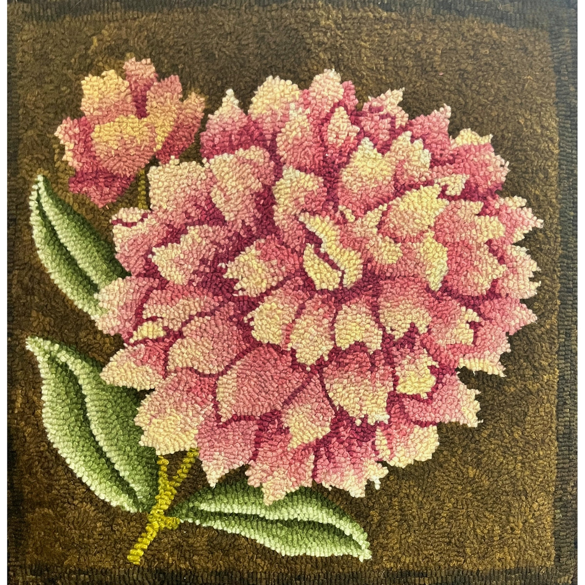 Peony A La Okeefe, rug hooked by Norita Blue