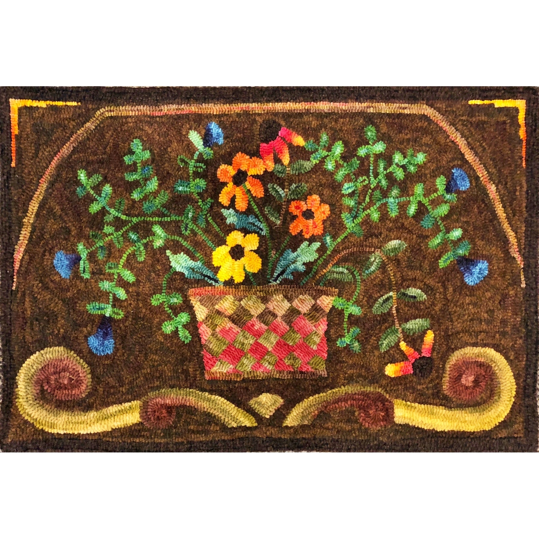 Basket Of Flowers, rug hooked by Libbey Lundgren