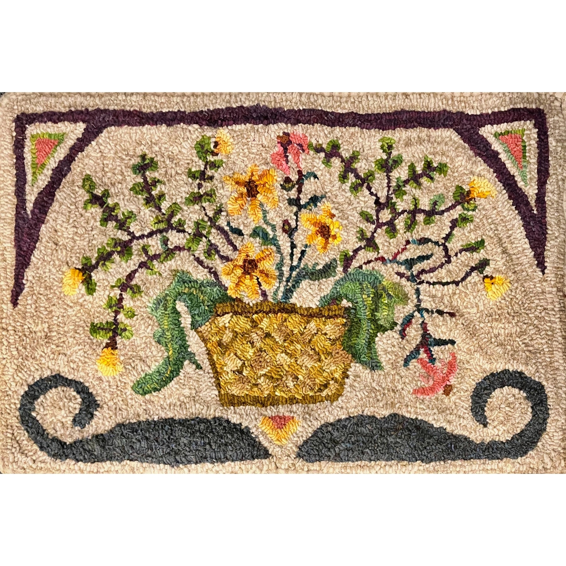 Basket Of Flowers, rug hooked by Sherrie Petersen