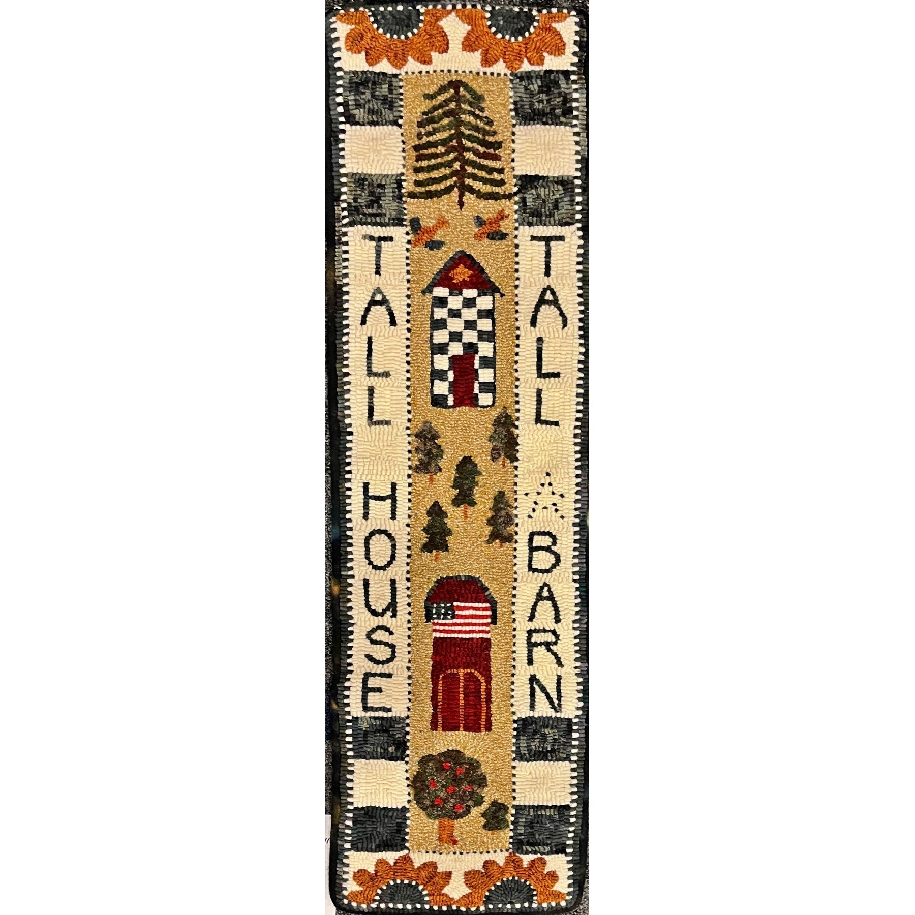 Tall Barn/House Bell Pull, rug hooked by Linda Gillen