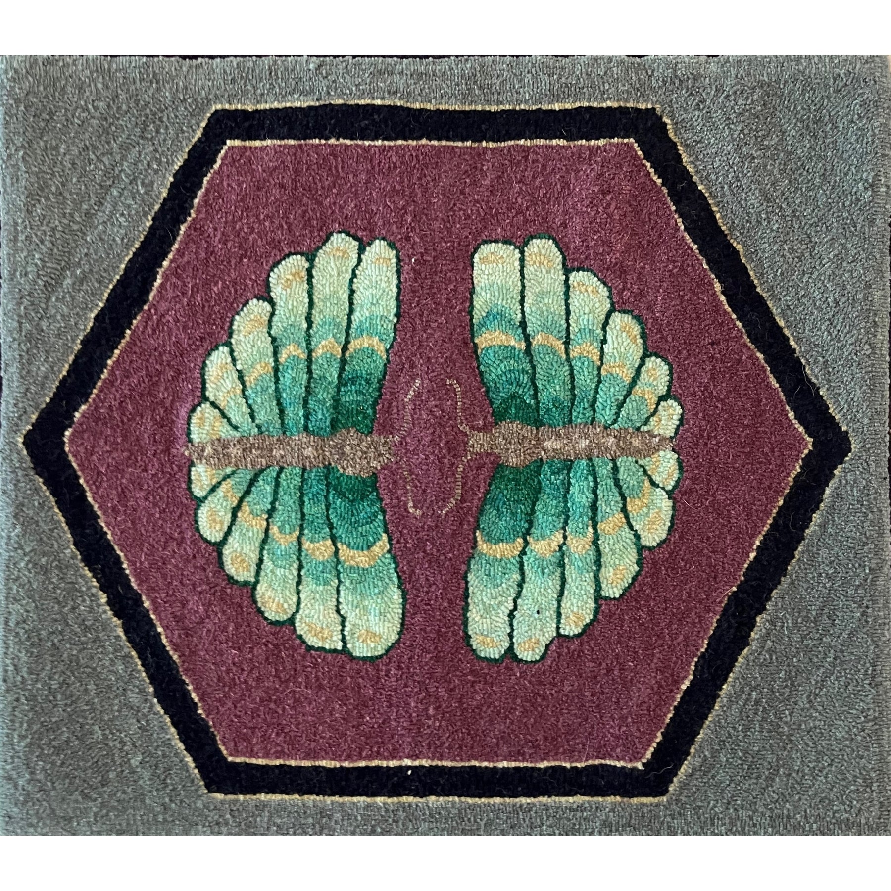 Double Butterflies, rug hooked by Anita Gillis