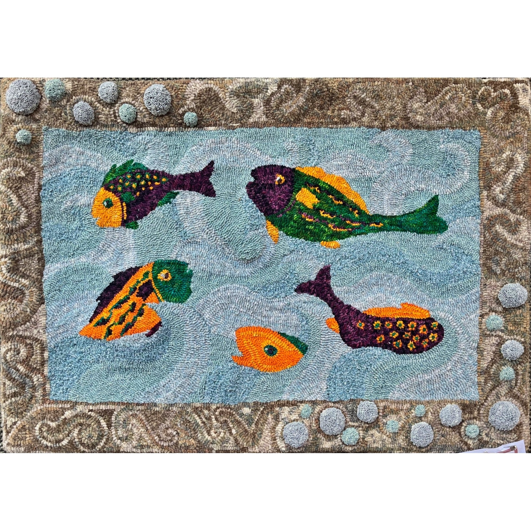 The Fish And The Wave, rug hooked by Amber Egbert