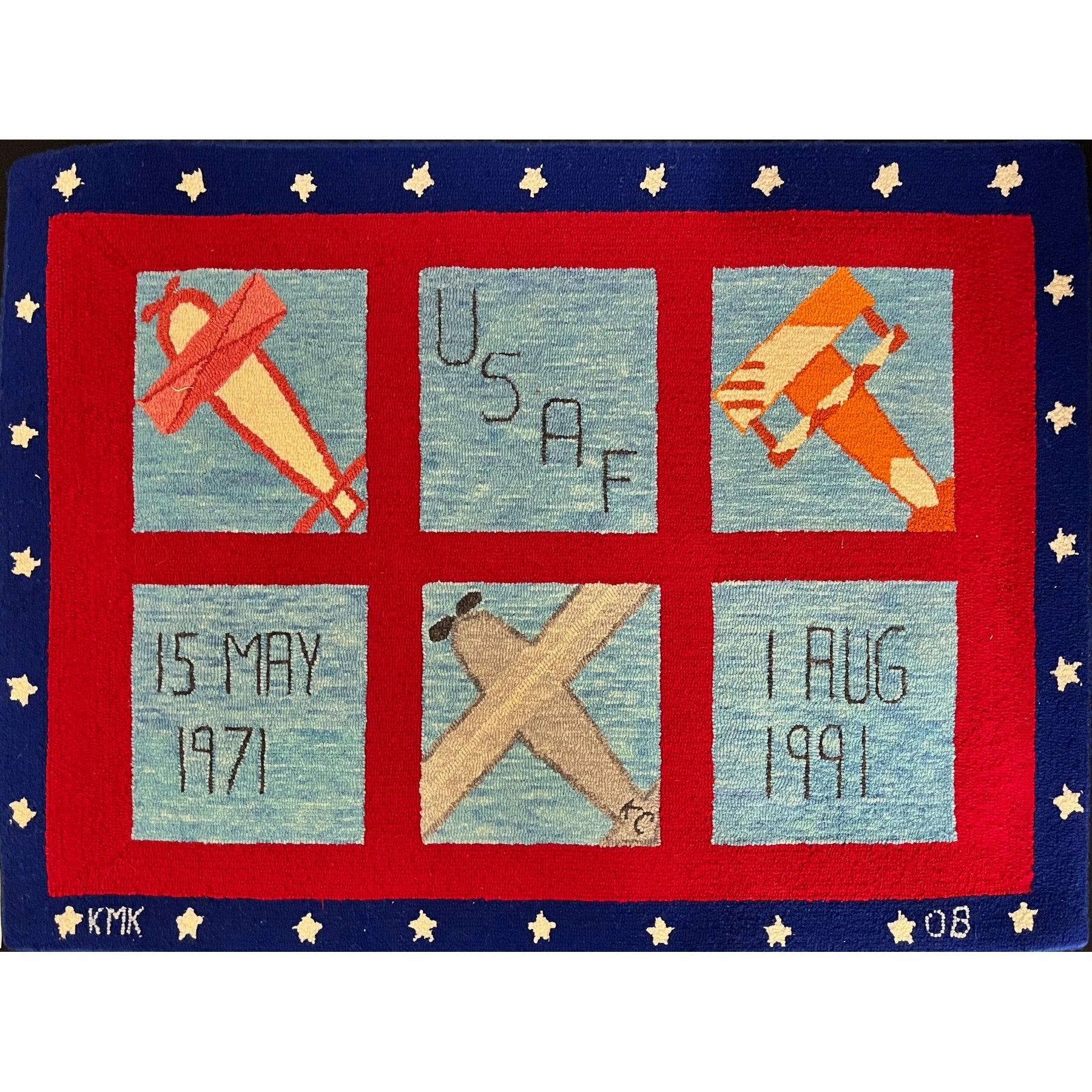 Airplanes And Boats, rug hooked by Kathy Kovaric