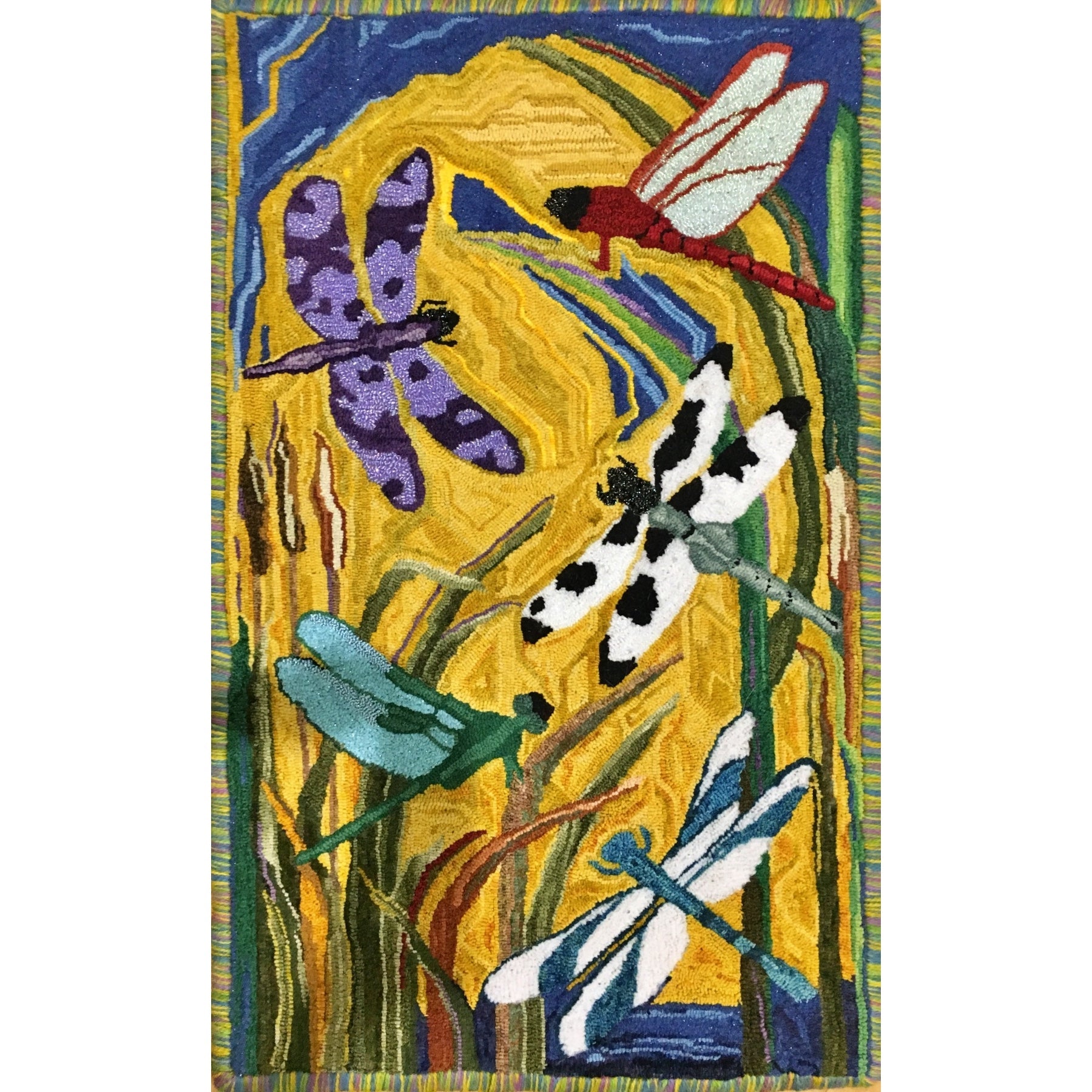 Dragonflies, rug hooked by Rita Anderson