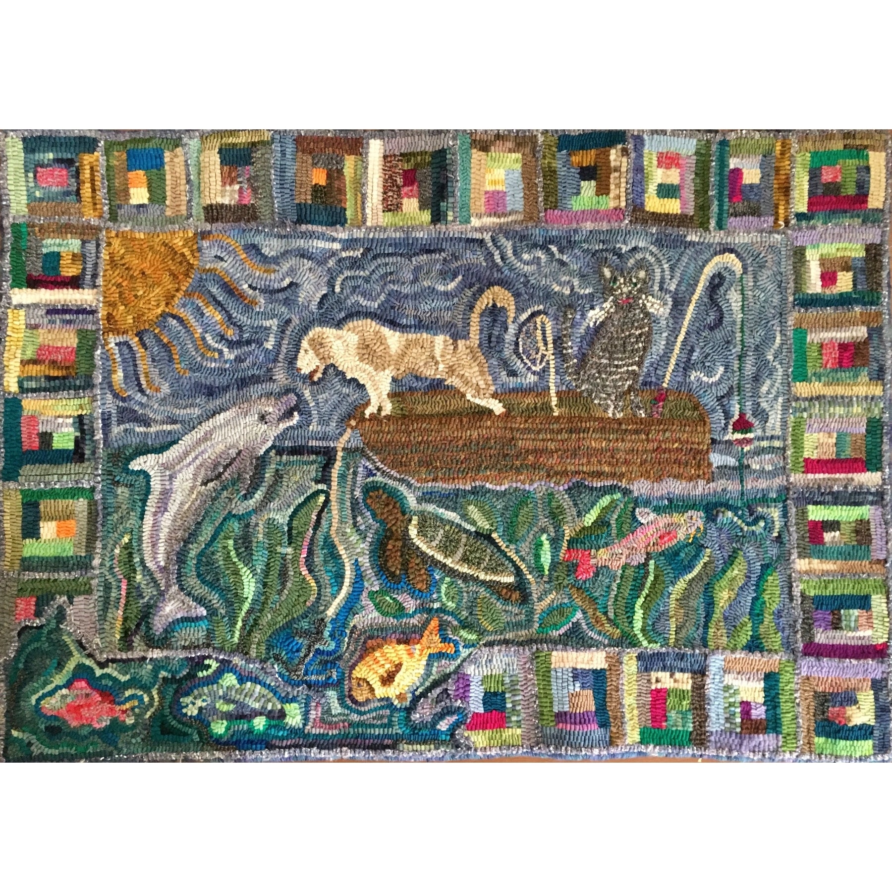 Dolphin & Catfish Encounter, rug hooked by Pat Sims