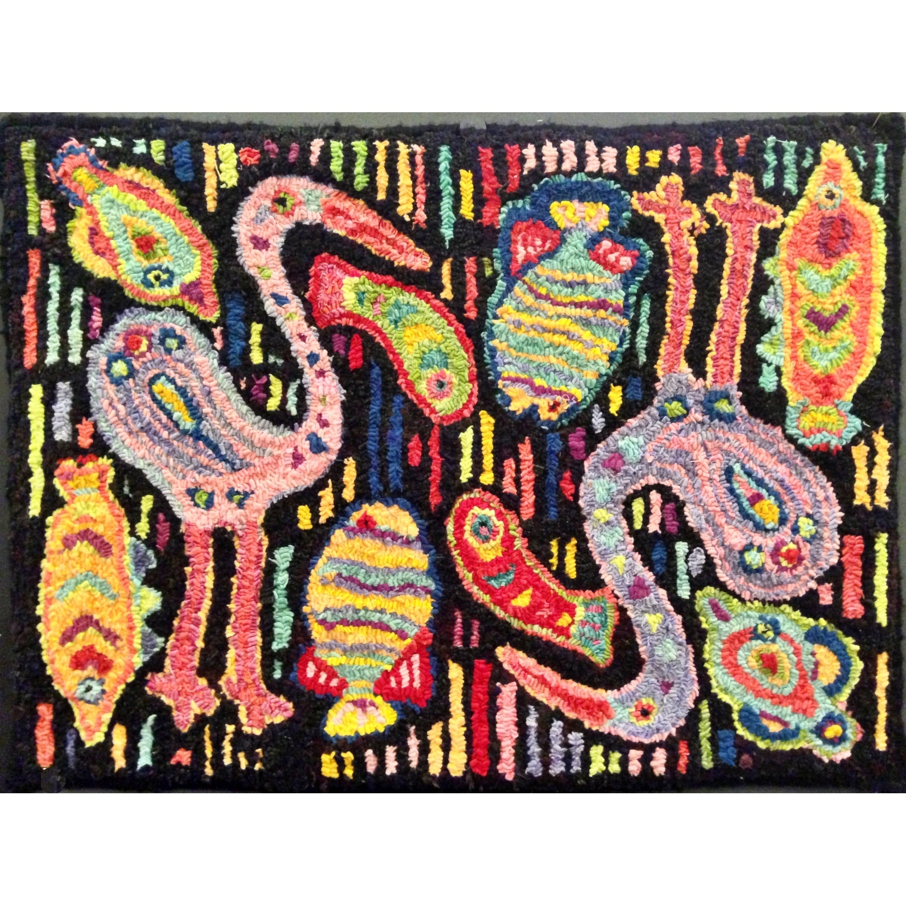 Heron & Fish Mola, rug hooked by Kim Miles