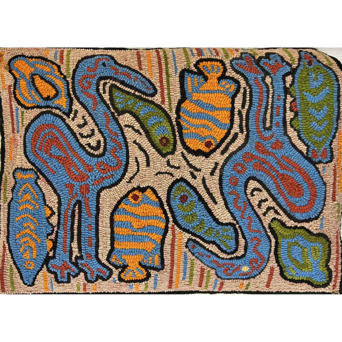 Heron & Fish Mola, rug hooked by Suzan Farrens