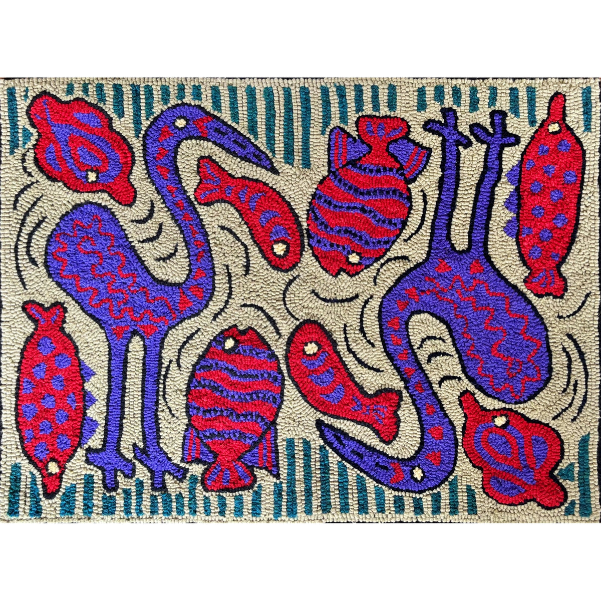 Heron & Fish Mola, rug hooked by Tanya Graham