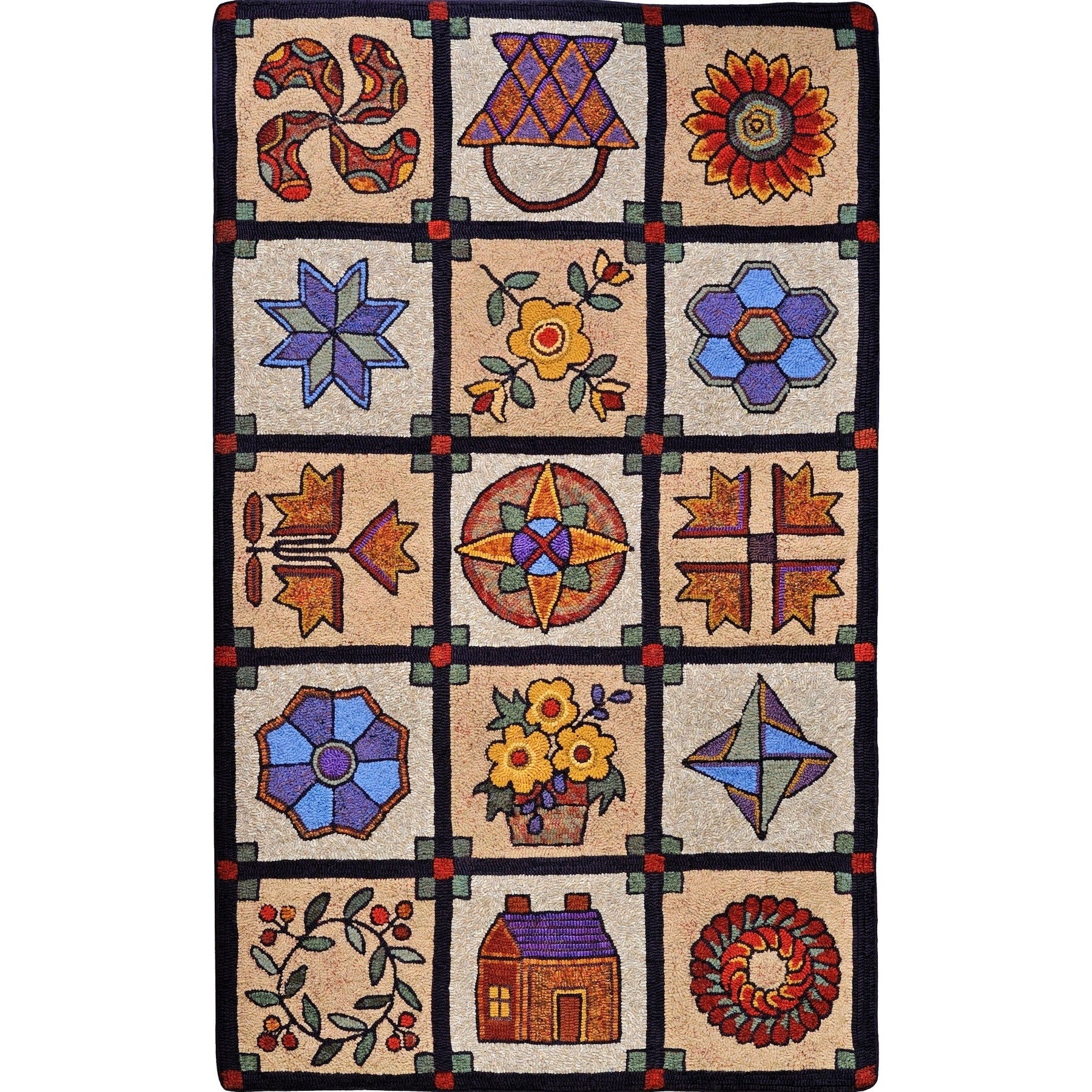 Quilt Sampler For Wide Cut, rug hooked by Fritz Mitnick