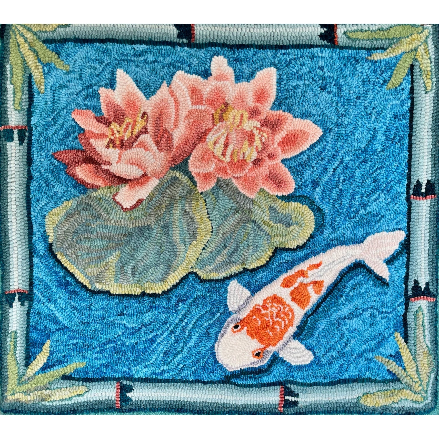 Lilies and Koi, rug hooked by Candy Allen