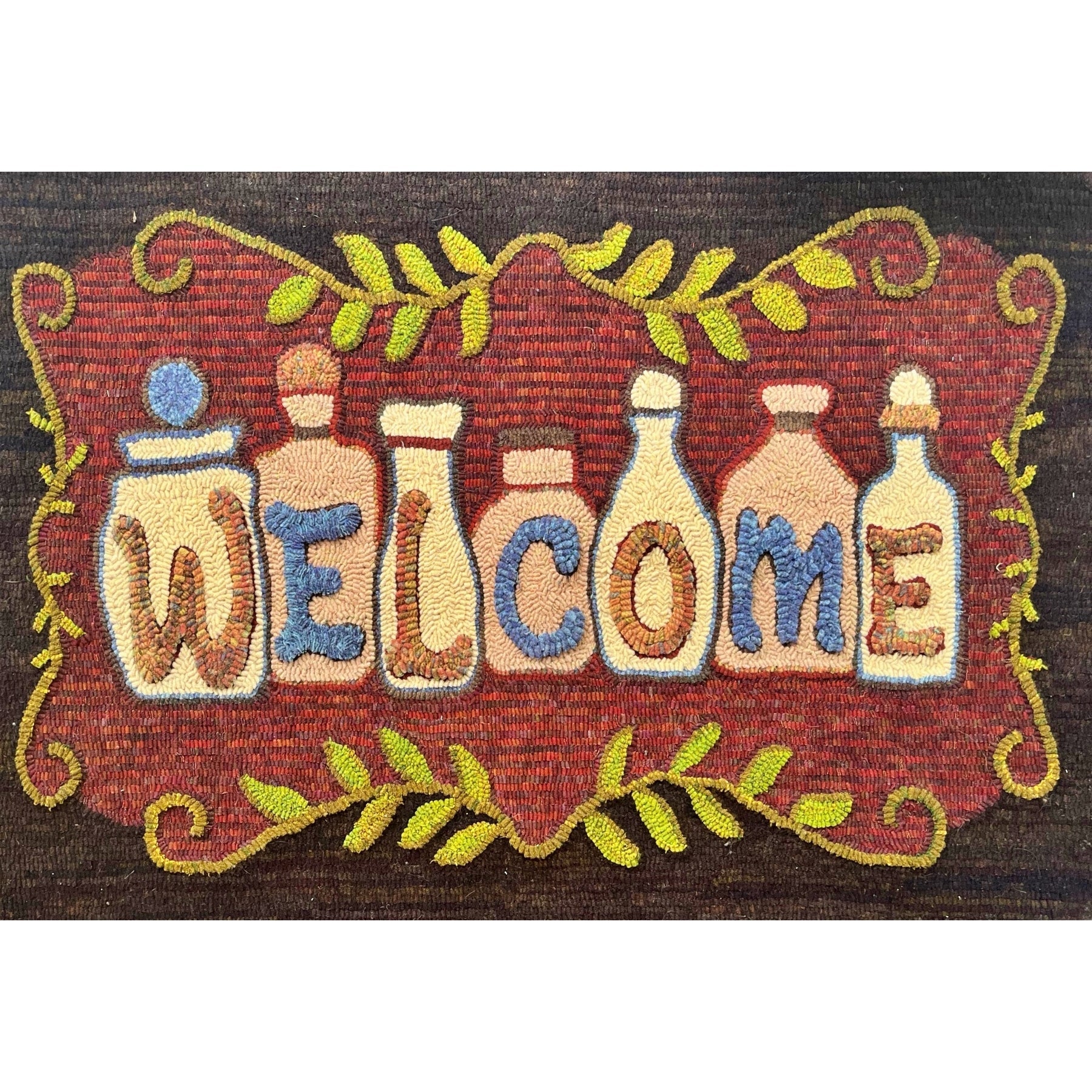 Welcome Jars, rug hooked by Ingrid Hieronimus