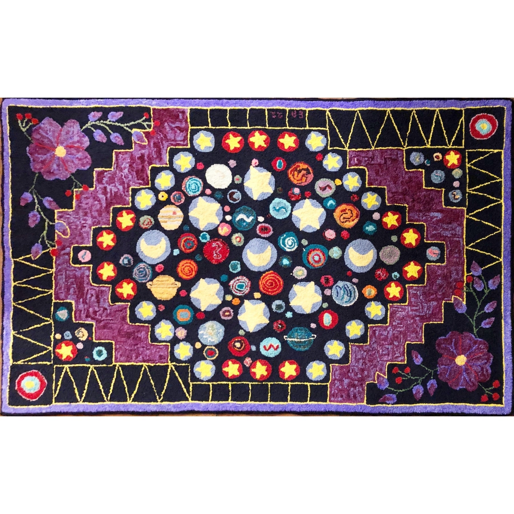 Cat Paw Floral Geometric, rug hooked by Ellen Abrams