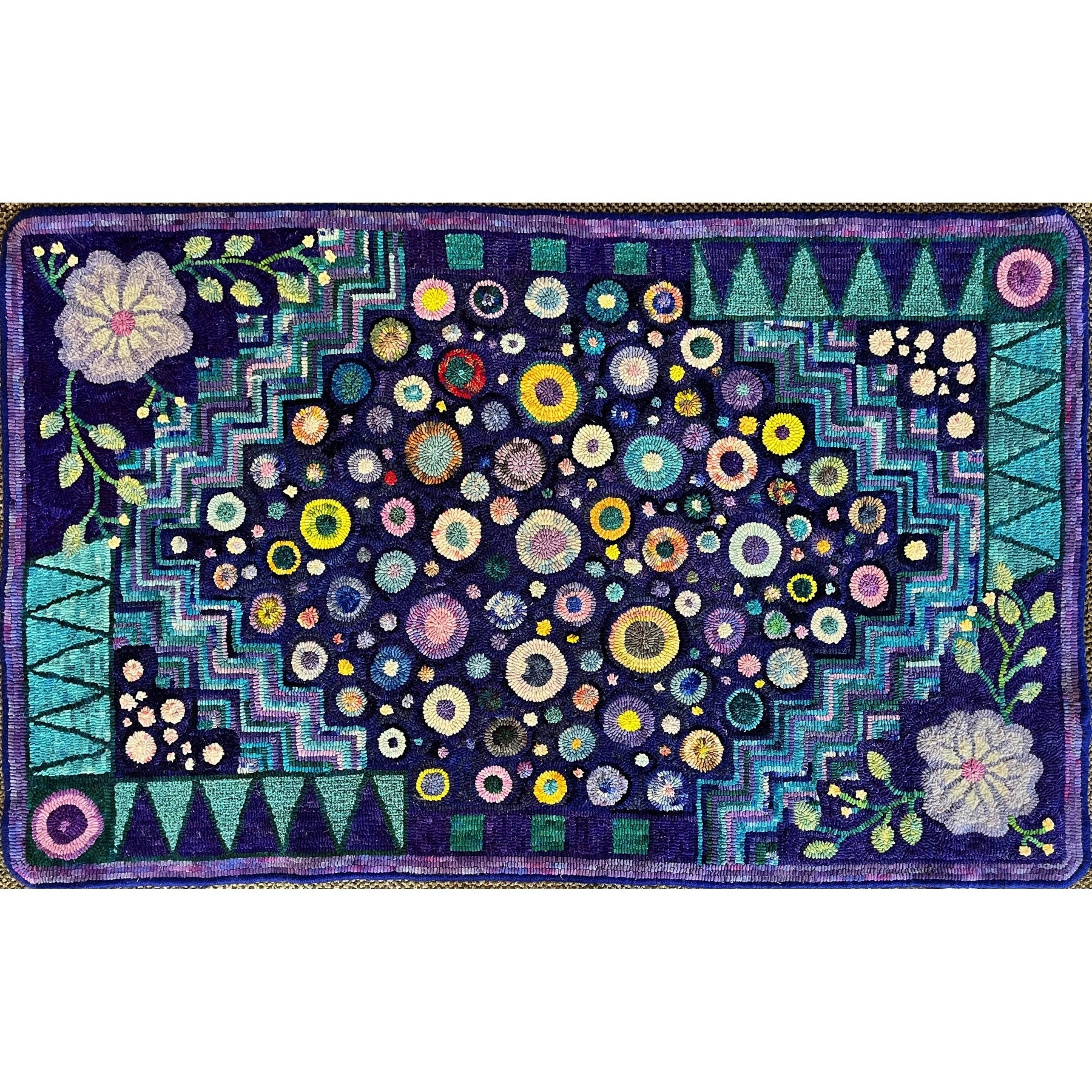 Cat Paw Floral Geometric, rug hooked by Linda Wills