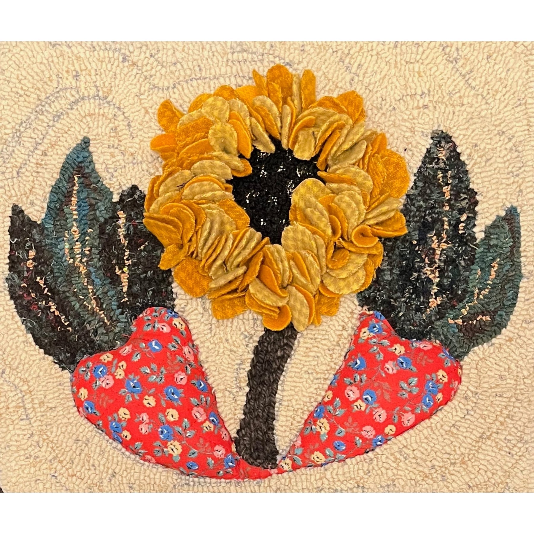 Sunflower Hearts, rug hooked by Rita Wagner