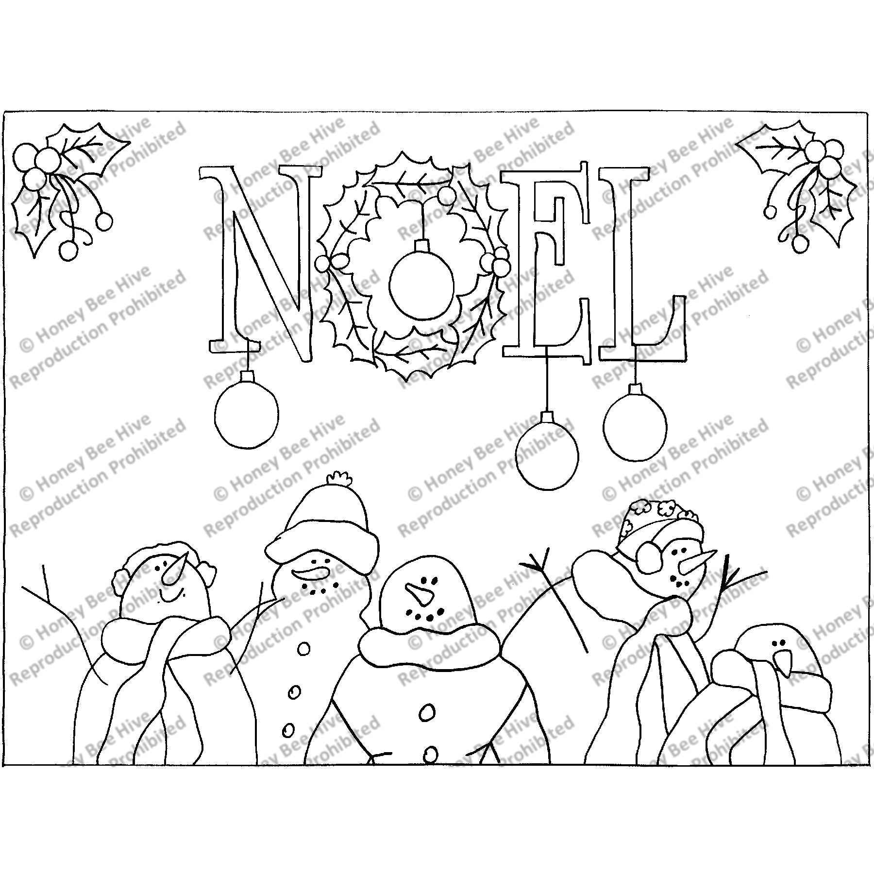 Five Snowmen Noel, rug hooking pattern