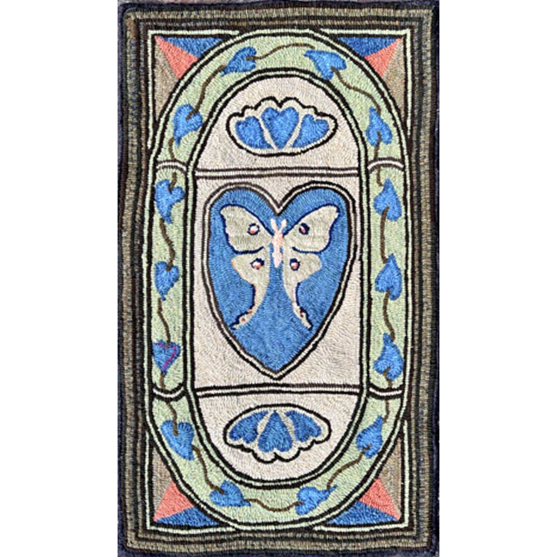 Art Nouveau Luna Moth, rug hooked by Fritz Mitnick