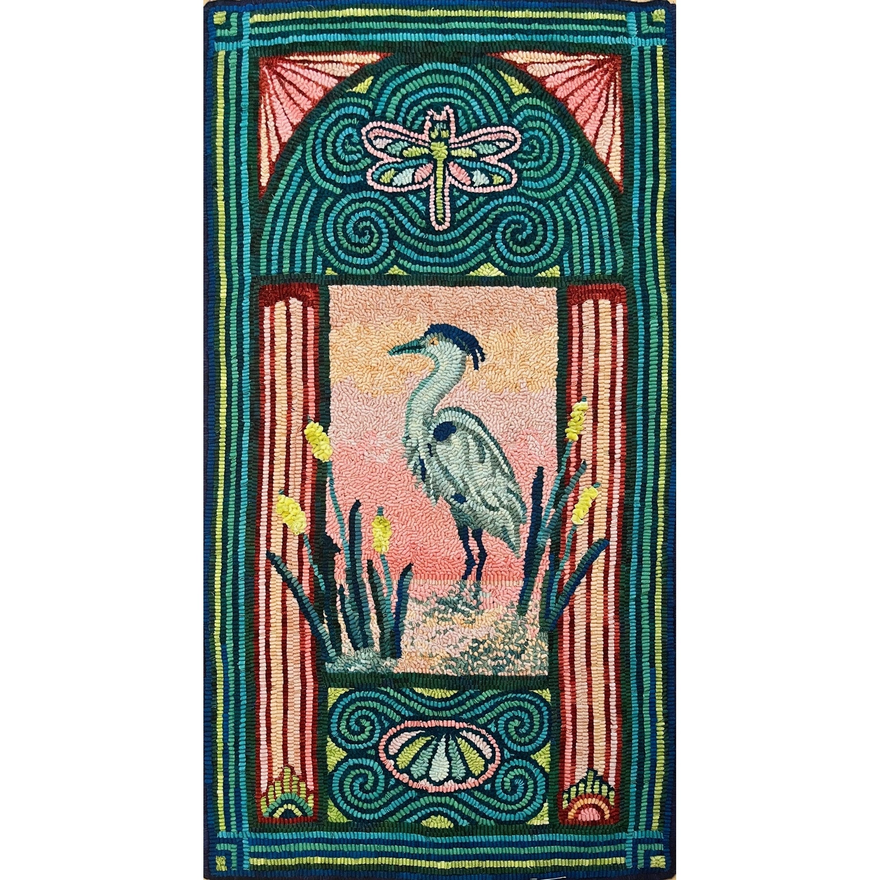 Art Nouveau Heron, rug hooked by Brigitta Phy (adapted)