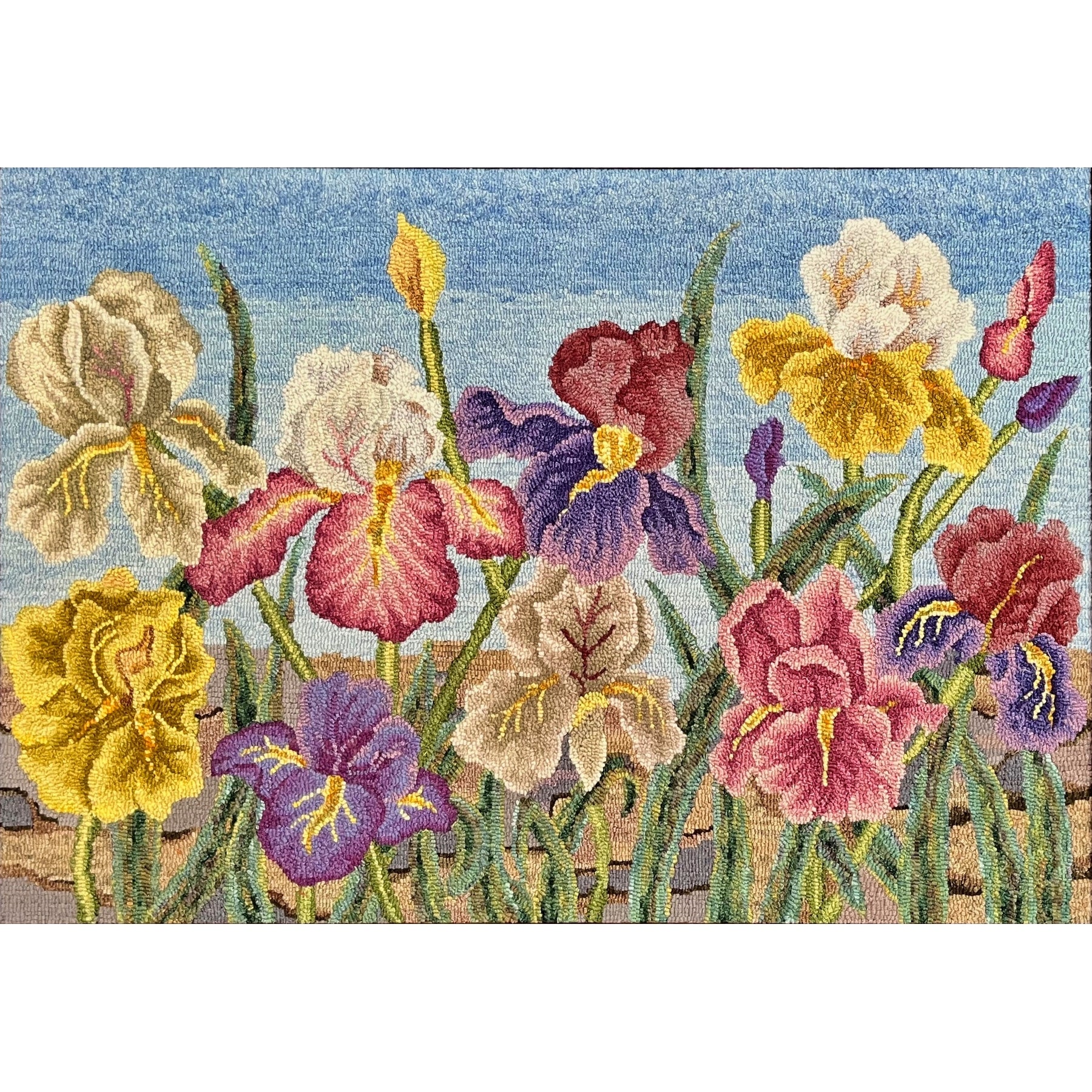 Irises, rug hooked by Jane McGown Flynn