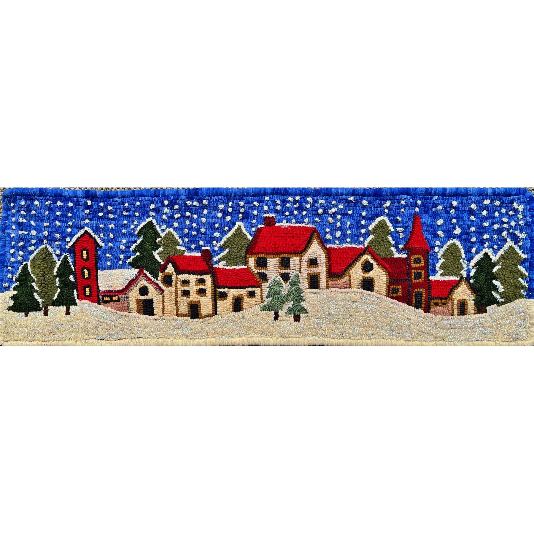 Snowy Village, rug hooked by Julie Oles