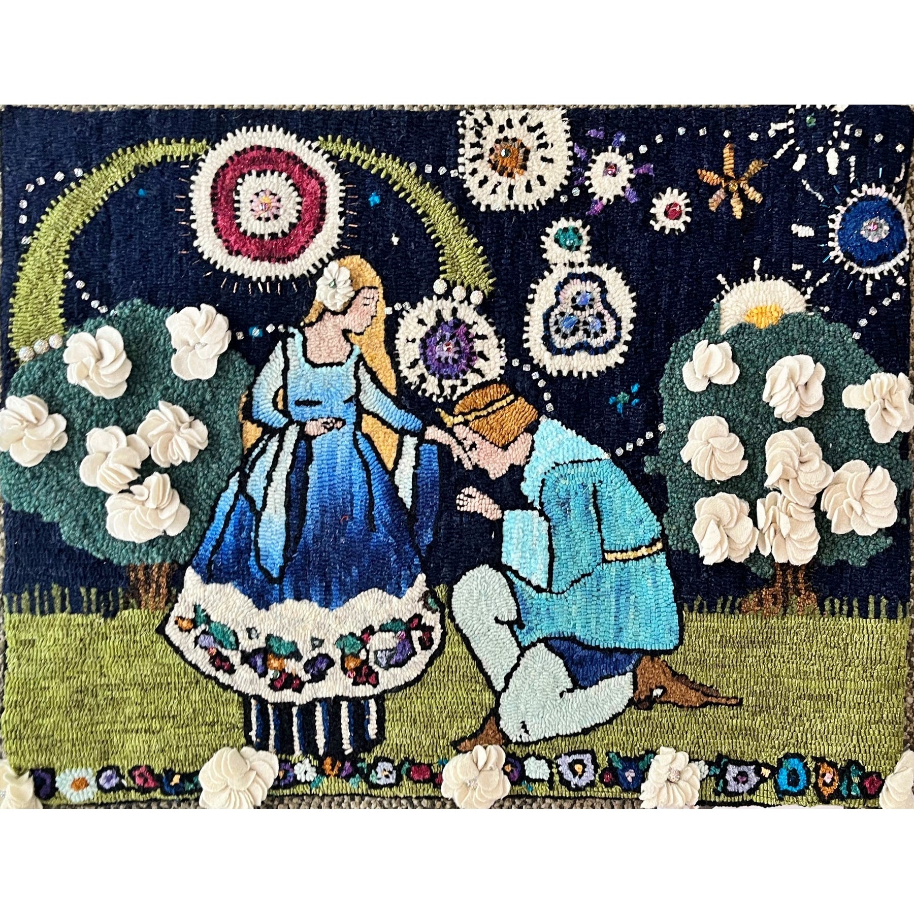 The Prince Kisses Beauty, ill. Margaret Evans Price, 1921, rug hooked by Holly Garman