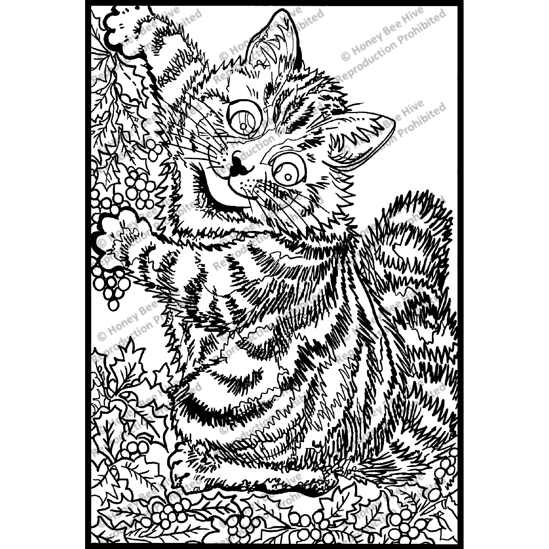 Holly Cat Decorating by Louis Wain, 1905, rug hooking pattern