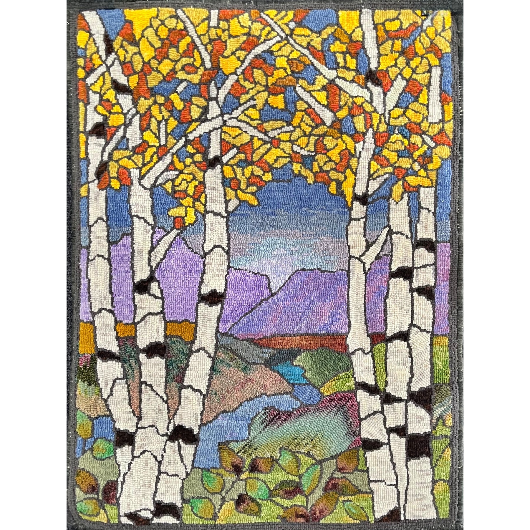 Stained Glass Tiffany Birches , rug hooked by Jane McGown Flynn