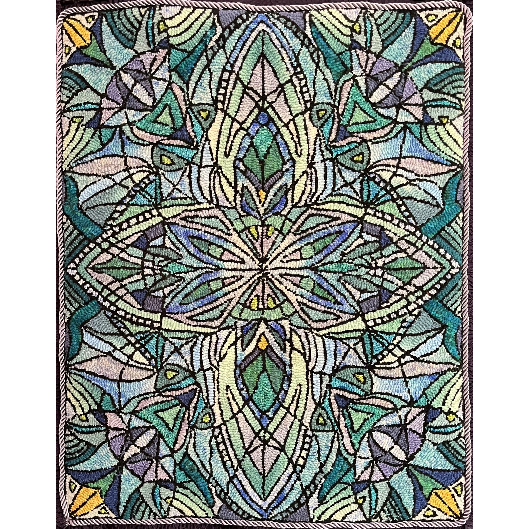 Batchelor Button, rug hooked by Chizuko Hayami
